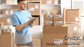  Presentation with home office - Amazing PPT layouts having merchant services - young man preparing parcels backdrop and a coral colored foreground