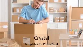  Presentation with pink home office - Beautiful presentation design featuring merchant services - young man preparing parcels backdrop and a  colored foreground