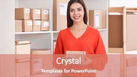  Presentation with home office - Slide deck enhanced with merchant services - young woman preparing parcel background and a coral colored foreground
