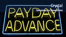  Presentation with 80s era neon lights sign - Presentation theme having mercury element - neon sign series payday advance background and a navy blue colored foreground