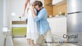  Presentation with leave - Slide set with mercy - young knelt apologizing man embracing background and a light gray colored foreground