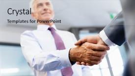  Presentation with handshake - Presentation design featuring mergers acquisitions - handshake of businessmen greeting each background and a light gray colored foreground