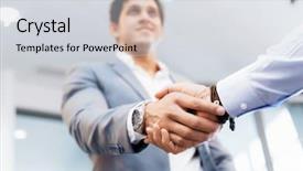  Presentation with handshake - Audience pleasing PPT theme consisting of mergers acquisitions - handshake of businessmen greeting each backdrop and a light gray colored foreground