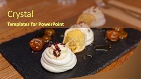  Presentation with dessert - Slide set with meringue-dessert-with-orange-chips background and a tawny brown colored foreground