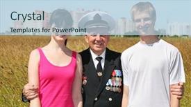  Presentation with grandfather - Amazing PPT layouts having soldier winner - grandfather stand in middle hug backdrop and a sky blue colored foreground