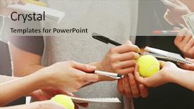  Presentation with tennis ball in the corner - Theme with players competing courts - sportsman signing autograph on tennis background and a light gray colored foreground