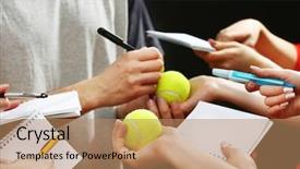  Presentation with tennis - PPT theme having players competing courts - sportsman signing autograph on tennis background and a coral colored foreground