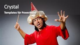  Presentation with wizard - Beautiful PPT theme featuring merlin - funny wizard wearing red dress backdrop and a dark gray colored foreground