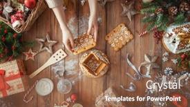  Presentation with gingerbread house - Slide deck having merry-christmas-and-happy-holidays background and a tawny brown colored foreground