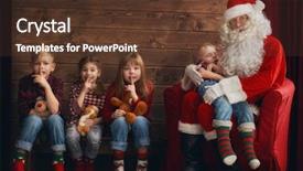  Presentation with christmas kids - PPT theme having merry christmas and happy holidays group of three kids and santa claus on wooden background kids have presents toys background and a tawny brown colored foreground