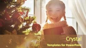  Presentation with child tree - Presentation design featuring merry christmas and happy holidays cute little child girl holding christmas present gift box at tree indoors the morning xmas portrait kid close up background and a red colored foreground