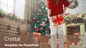  Presentation with child tree - Presentation design consisting of merry christmas and happy holidays cheerful cute little child girl with present kid holds a gift box near tree indoors background and a violet colored foreground