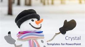  Presentation with new year card - PPT theme consisting of merry christmas and happy new year greeting card snowman with a striped scarf and a beautiful smile background and a sky blue colored foreground
