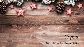  Presentation with pink and green - Presentation theme enhanced with merry christmas frame with green pine colorful baubles knots with berries stars and other seasonal stuff over an old wooden aged background background and a coral colored foreground