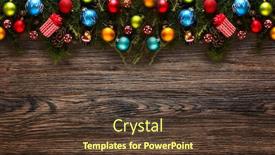  Presentation with aged wood - Cool new slide set with merry christmas frame with real wood green pine colorful baubles gift boxe and other seasonal stuff over an old wooden aged background backdrop and a tawny brown colored foreground