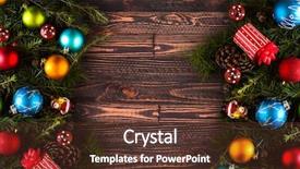  Presentation with aged wood - Presentation theme consisting of merry christmas frame with real wood green pine colorful baubles gift boxe and other seasonal stuff over an old wooden aged background background and a tawny brown colored foreground