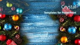  Presentation with aged wood - Colorful slides enhanced with merry christmas frame with real wood green pine colorful baubles gift boxe and other seasonal stuff over an old wooden aged background backdrop and a ocean colored foreground