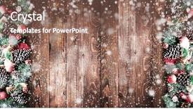  Presentation with aged wood - PPT theme enhanced with merry christmas frame with snow and real wood green pine colorful baubles knots with berries and other seasonal stuff over an old wooden aged background background and a violet colored foreground