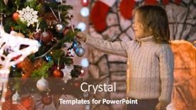  Presentation with luminous - Beautiful theme featuring merry christmas little girl child at home by the fireplace and christmas tree with gifts and luminous garlands celebrates christmas backdrop and a tawny brown colored foreground