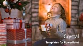  Presentation with luminous - Cool new theme with merry christmas little girl child at home by the fireplace and christmas tree with gifts and luminous garlands celebrates christmas backdrop and a tawny brown colored foreground