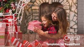 Presentation with luminous - Amazing PPT layouts having merry christmas little girl child at home by the fireplace with the family parent mother and christmas tree with gifts and luminous garlands celebrates christmas backdrop and a tawny brown colored foreground
