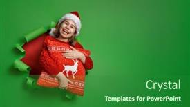  Presentation with green color - Presentation theme with merry christmas little girl in santa's hat on bright color background red and green background and a forest green colored foreground
