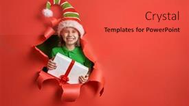 Presentation with christmas elf - Beautiful presentation design featuring merry christmas little girl in santa's elf costume on bright color background red and green backdrop and a red colored foreground