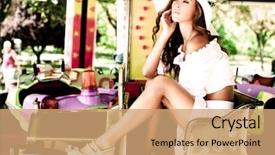  Presentation with amusement park - PPT theme consisting of merry go round - beautiful young woman in white background and a coral colored foreground