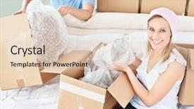 Presentation with boxes - Cool new PPT theme with merry young couple unpacking boxes with glasses in their new house backdrop and a lemonade colored foreground
