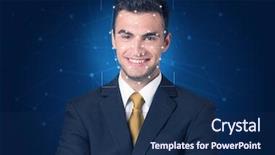  Presentation with face identification - Presentation design consisting of mesh biometric verification and identification background and a navy blue colored foreground