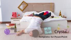  Presentation with man head in hands - Audience pleasing theme consisting of mess - man after heavy christmas partying backdrop and a mint green colored foreground