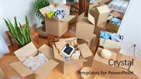  Presentation with real estate - Amazing PPT theme having mess - moving boxes in new house backdrop and a coral colored foreground