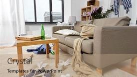  Presentation with living room - Slide set having mess-disorder-and-interior-concept background and a coral colored foreground
