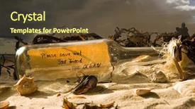  Presentation with save - PPT theme with message in a bottle on a beach containing a message with the words please save me your friend the ocean background and a tawny brown colored foreground