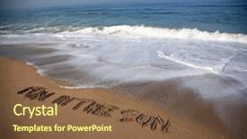  Presentation with blue waves - PPT theme featuring message says fun in the sun in the sand on a beach with waves and blue ocean concepts background and a tawny brown colored foreground