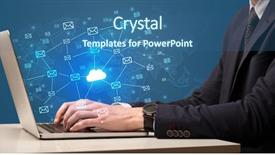  Presentation with cloud computing - PPT theme enhanced with messages on laptop with cloud background and a ocean colored foreground