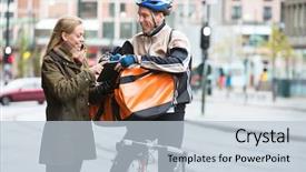  Presentation with courier delivery - Beautiful slide deck featuring messenger - courier delivery man with backpack backdrop and a lemonade colored foreground