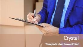  Presentation with to do list - Slide deck featuring messenger - delivery man checking list background and a coral colored foreground