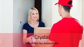  Presentation with man door - Slide deck consisting of messenger - happy young woman standing background and a red colored foreground