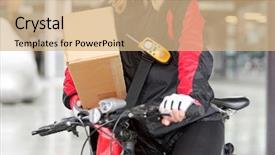  Presentation with courier bag - Presentation theme consisting of pancake and fruit with ice cream on table background and a coral colored foreground