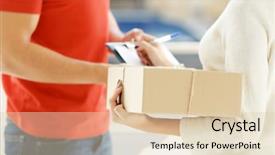  Presentation with personal package - Amazing PPT theme having messenger - woman signing receipt of delivery backdrop and a lemonade colored foreground