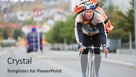  Presentation with courier delivery - Cool new presentation theme with messenger - young male cyclist with courier backdrop and a light gray colored foreground