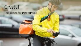  Presentation with courier delivery - Beautiful slide deck featuring messenger - young male cyclist with courier backdrop and a coral colored foreground