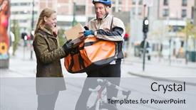  Presentation with courier delivery - Presentation consisting of couple lying on a picnic blanket in a park with a picnic basket filled with fruit food and wine placed next to them background and a yellow colored foreground