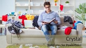  Presentation with procrastination - Amazing PPT layouts having procrastination - young man working studying backdrop and a mint green colored foreground