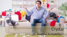  Presentation with young students working in groups - Slide deck consisting of man working studying in messy background and a coral colored foreground