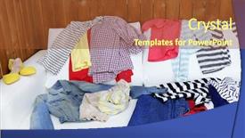  Presentation with messy - Theme with messy clothing on white sofa on wooden planks background background and a tawny brown colored foreground