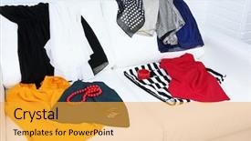  Presentation with messy - Cool new PPT theme with messy clothing on white sofa on brick wall background backdrop and a gold colored foreground