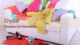  Presentation with messy - Beautiful PPT theme featuring messy colorful clothing on sofa on light background backdrop and a yellow colored foreground