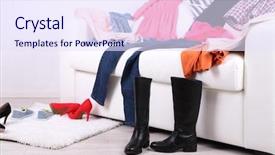  Presentation with messy - Slide set having messy colorful clothing on white sofa on white wall background background and a sky blue colored foreground